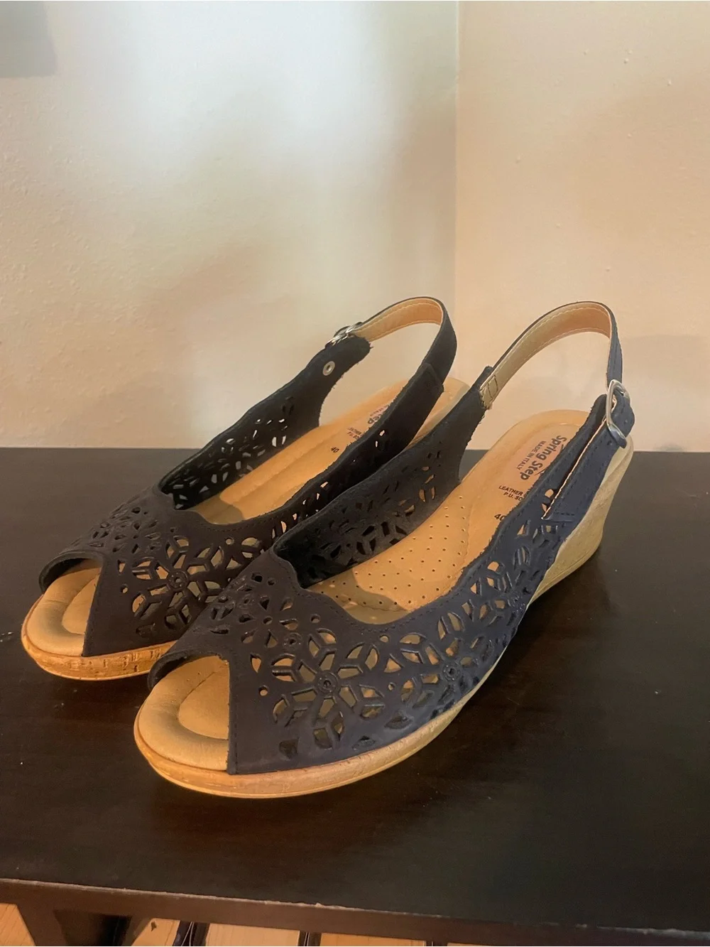 Spring Step Black Slingback Wedge Sandals